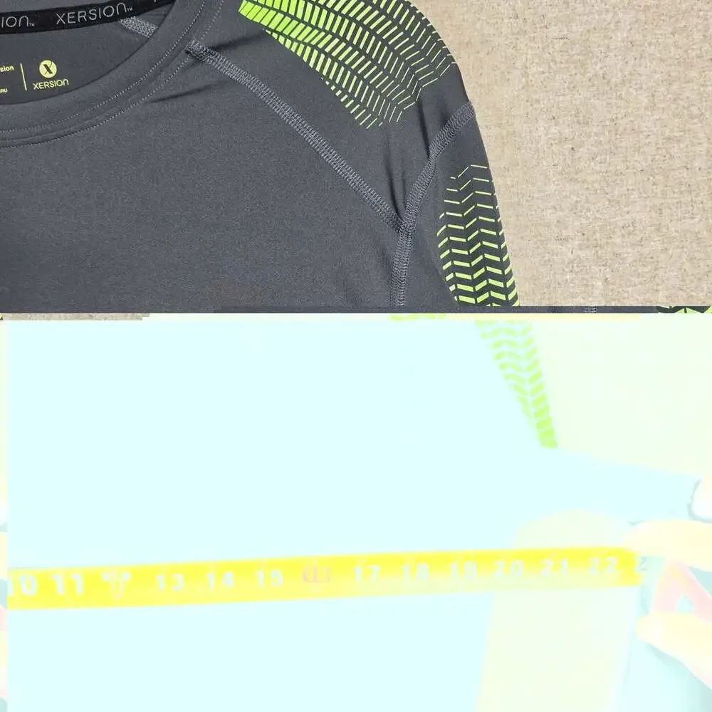 Xersion Mens Quick Dri Long Sleeve Gray And Neon Compression Athletic Top XL